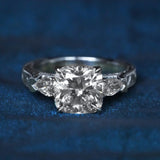 [Trilogy Tulip] Hand Engraved Ring With a 2.5ct Cushion-Cut Diamond